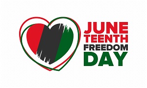 Juneteenth Freedom Day with heart filled with red, black & green stripes
